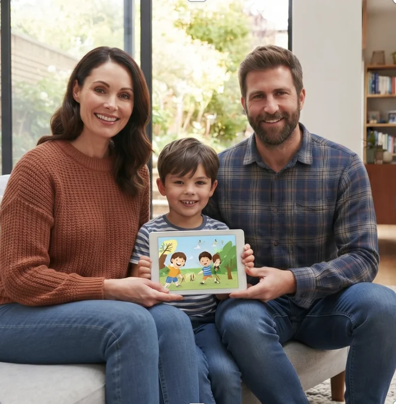 Aile birlikte gülümserken, çocuk kişisel hikâyesini tablette gösteriyor